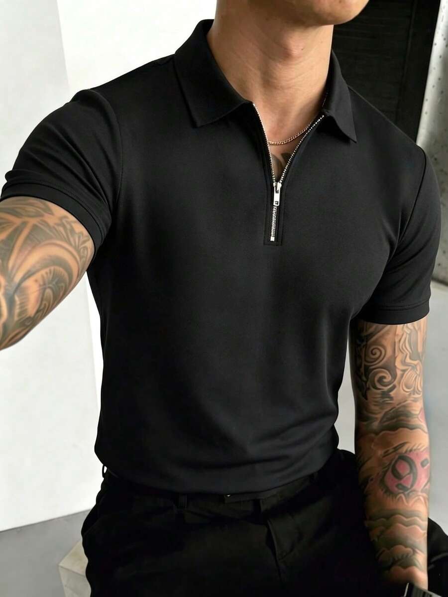 Men's Fashionable Minimalist Solid Color Zipper Short Sleeve T-Shirt, Summer