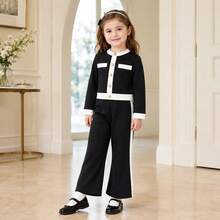 Young Girl Girls Spring Fall 2 Pieces Set, Black White Colorblock Top With Gold Buttons & Side Stripe Wide Leg Pants, Going Out Outfit, For 4-8 Years - Black - View 5