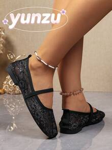 Women's Black Lace Mesh Mary Jane Shoes, Spring/Summer Breathable Hollow Out Single Strap Soft Sole Fairy Style Low Vamp Versatile Comfortable Shoes - Black - View 6