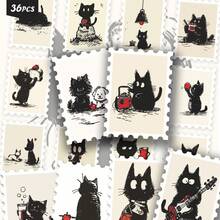 36PCS Cute Black Cat Stickers, Vintage Sketch Style Feline Daily Life Aesthetic Cutout Sticker Set For Journals, Planners & Decor - Stamp - View 1