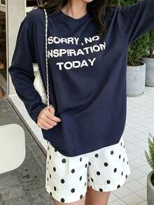 Kaos Lengan Panjang Longgar Bermotif untuk Wanita, Musim Gugur - Navy Blue - View 2
