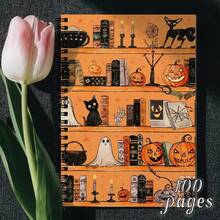 1pc Fall Bookshelf Spiral Notebook, Black Cat Pumpkin Journal For Work Note Taking, Gift For Book Lover, School Office Supplies - 1 Pack (50 Sheets/100 Pages) - View 1