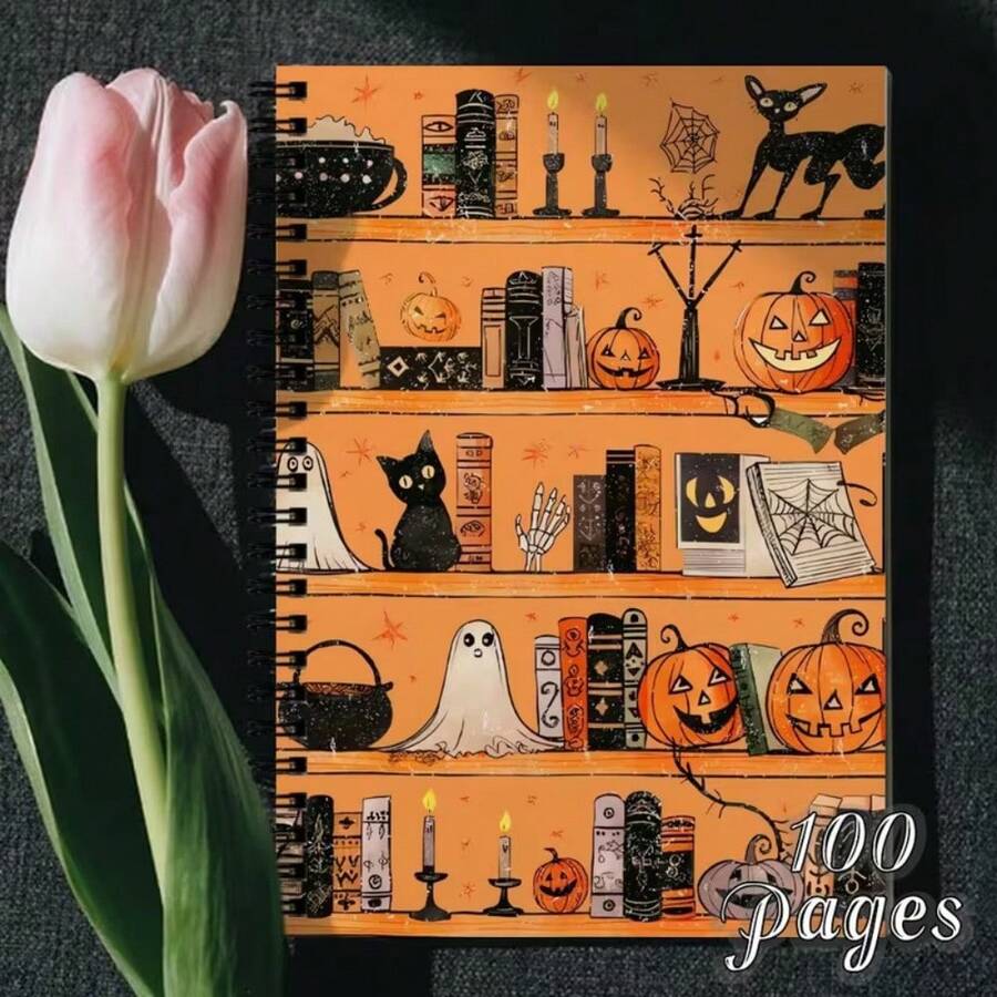 1pc Fall Bookshelf Spiral Notebook, Black Cat Pumpkin Journal For Work Note Taking, Gift For Book Lover, School Office Supplies - 1 Pack (50 Sheets/100 Pages) - View 1