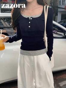 U-Neck 2 In 1 Long Sleeve T-Shirt Women, Fitted Base Layer Top, Sexy Style, Autumn - Navy Blue - View 7