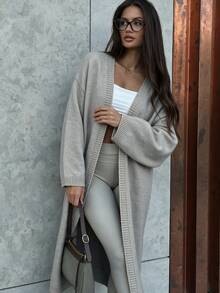 Cardigan Oversized com Decote em V FOR BEAUTY, Jaqueta de Tricô Longa Minimalista, Cinza, Casual para Outono e Ano Novo - Cinza - Visão 4