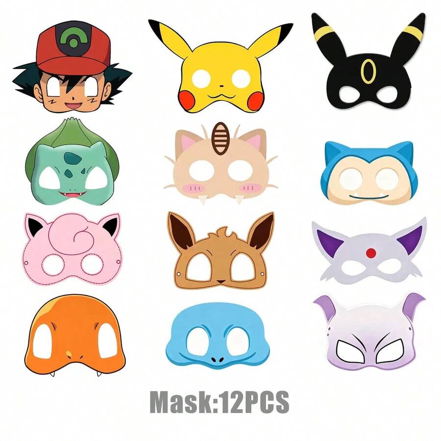 asmodee 12pcs/Pokémon / Pikachu Cartoon Character Paper Masks, Birthday Party Costume Masks, Theme Party Photo Props Party Decoration Supplies, Suitable For Christmas And Halloween - Style Random - View 1