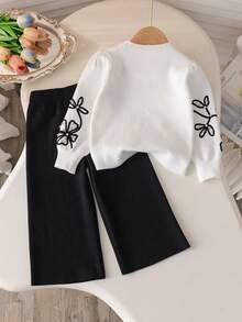 2pcs/Set 1pc Girls Elegant Solid Color Floral Embroidered Knit Pullover Sweater And 1pc Solid Color Knit Pants Set, Suitable For Daily Casual Wear In Spring, Autumn And Winter - Black and White - View 2