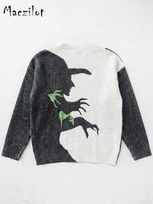 Plus Size Women's Autumn/Winter 3D All-Over Print Halloween Witch Pattern Knit Sweater, Loose Fit Flattering Concealing Round Neck Long Sleeve Pullover Party Top - Black and White - View 8