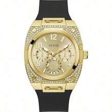 Guess Men's Shock-Resistant Quartz Watch With Champagne Multifunction Dial, Large Arabic Numerals, Black Silicone Strap, Luxury Sport Lifestyle Chronograph - Gold - View 9