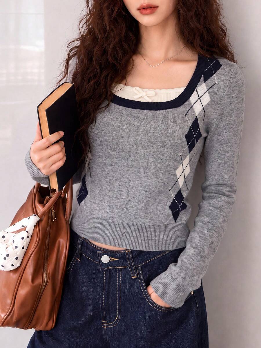 Women's Preppy Argyle Knit Pullover Sweater, Long Sleeve Square Neck Cropped Top, Autumn/Winter Fashion - Grey - View 1