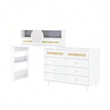 Vanity Table With Jewelry Cabinet And Mirror, 10 Drawers, Tempered Glass Top And Rattan Decor, Large Dressing Table With Ample Storage, 105 * 50 * 108 Cm, White, For Bedroom And Dressing Room - View 9
