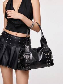 Women's Vintage Punk Style Rivet Shoulder Bag, Large Capacity Faux Leather Tote, Cool Avant-Garde Street Style, Suitable For Commuting, Concerts And Parties - Multicolor - View 3