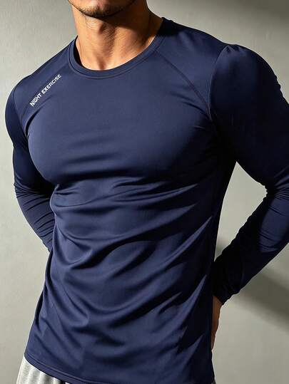 Men's Solid Color Crew Neck Letter Print Long Sleeve T-Shirt - Versatile Outdoor Sports Top