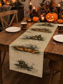 1pc Halloween Linen Table Runner, Vintage Gothic Rectangular Table Decor With Haunted House, Pumpkin, Bat And Bare Tree Print, Farmhouse Tabletop Decoration For Halloween Party, Kitchen And Home - Multicolor - View 5