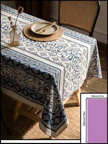 1pc Blue & White Vintage Botanical Vine Pattern Tablecloth, Exotic Retro Style Woven Fabric Material, Rectangular Straight Edge Detail, Stain-Resistant Protection & Decorative Function For Home Dining Table, Suitable For Daily Home Decor And Bohemian Decoration Scenes - Blue - View 14