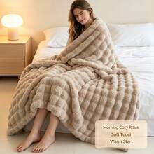 1pc Faux Rabbit Fur Bubble Fleece Thickened Warm Blanket, Fluffy Bubble Plush, Cozy Wrap-Around Warmth, Soft Skin-Friendly Touch, Breathable For Relaxing Lying Down, Suitable For Home Couples, Cold-Sensitive People, Leisure Homebodies - Khaki - View 4