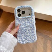 Autumn/Winter Vibe Leopard Print Plush Phone Case Compatible With IPhone 17 Pro Max/ 17 Pro/ 17/ 16 Pro Max/ 16 Pro/ 16/ 15 Pro Max/ 15 Pro/ 15/ 14 Pro Max/ 13 Simple Cute Plush Phone Case - Blue - View 2