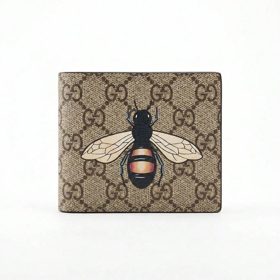 Dompet Lipat Dua GUCCI Vintage Bee Graphic, Dompet Kartu Tipis dengan Motif Klasik di Seluruh Permukaan untuk Pria - View 1