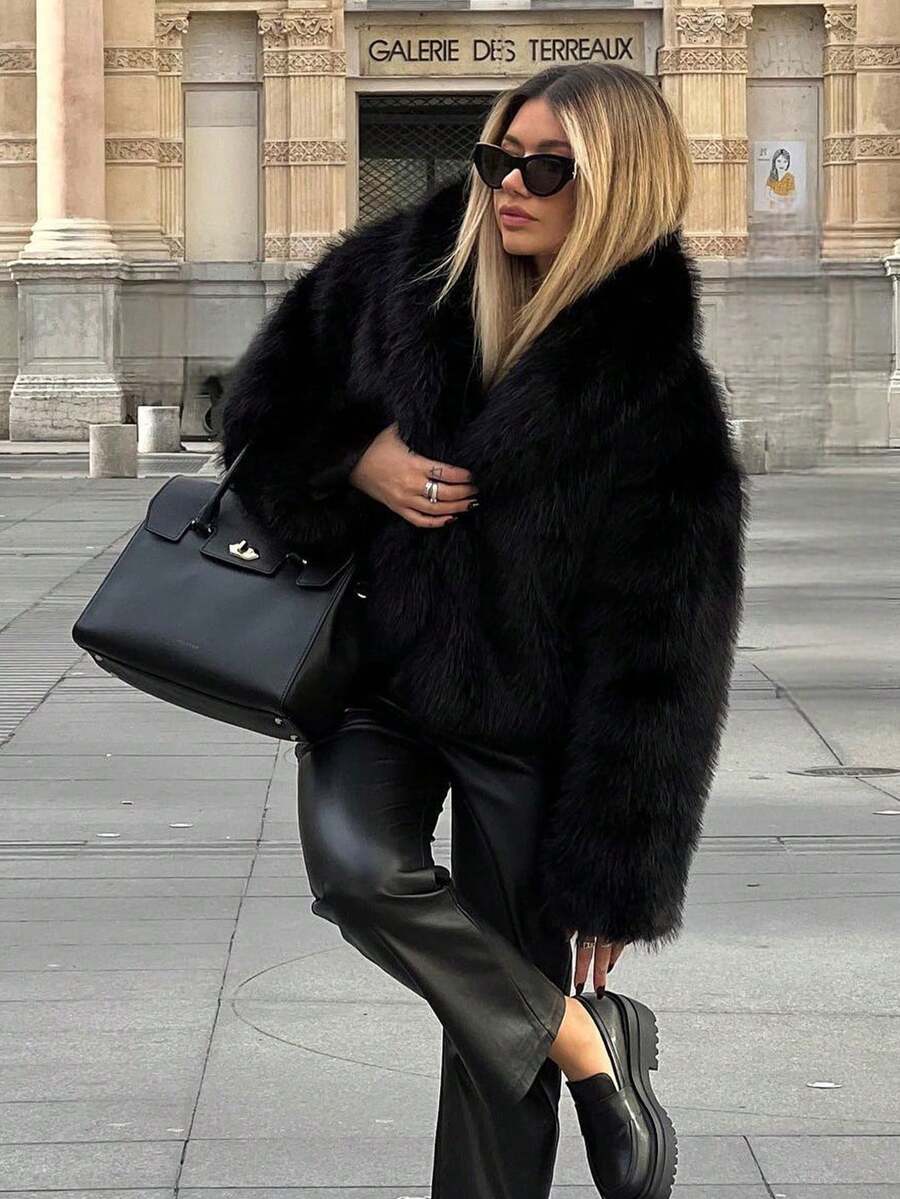 2026 Winter Women's New Vintage Solid Color Faux Fur Cardigan Jacket Elegant Street Style - Black - View 1
