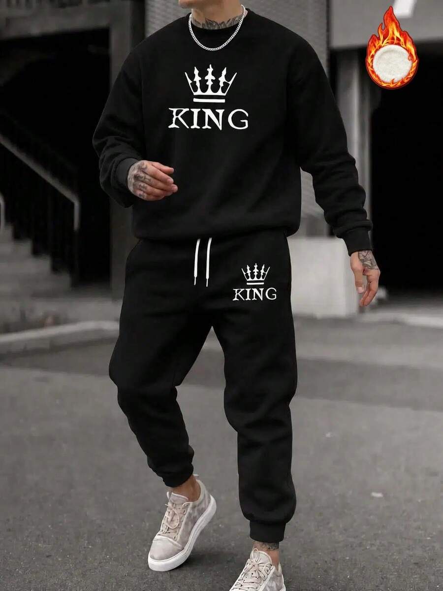 男士純黑色皇冠 KING 印花運動衫與慢跑褲 2 件套,精緻休閒日常穿著運動套裝,舒適面料 - 黑色 - 查看 1