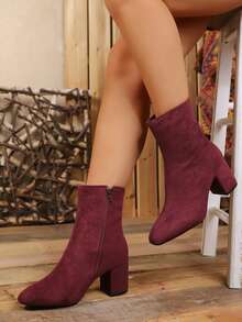 Women's Burgundy Solid Color Faux Suede Ankle Boots, Square Toe, Chunky Heel, Side Zipper, Date & Commute, Autumn/Winter - Burgundy - View 7