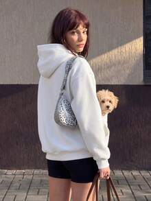 寵物飼主必備 女款休閒抓絨內裡大口袋寬鬆連帽衫，適合秋冬日常穿著，秋冬服飾，秋冬穿搭，戶外穿著 - 白色 - 查看 4