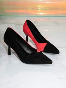 1 Pair Color Block Patchwork Basic Pointed Toe Stiletto High Heel Pumps, Slip-On Open Back Women's Fashion Shoes For Party, Autumn/Winter - Black - View 1