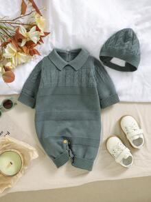 Infant Turn-Collar Cable Knit Romper With Hat Set, Solid Color Textured Sweater Jumpsuit, Newborn Open-Crotch Romper, 2 Pieces Outfit For Spring And Autumn - Dark Green - View 10