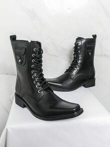 Men's Lace-Up Boots Square Toe Shiny Leather Side Zipper Neat Stitching Thick Heel Structured Shape Clean Lines Suit Wedding Banquet - Black - View 4
