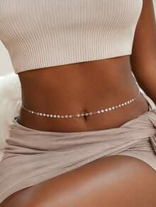 Simple Sequins Link Waist Chain, Silver‑Tone Delicate Belly Body Chain, Adjustable Bikini Jewelry For Women Summer Beach Vacation Club Party - Sequins - View 7