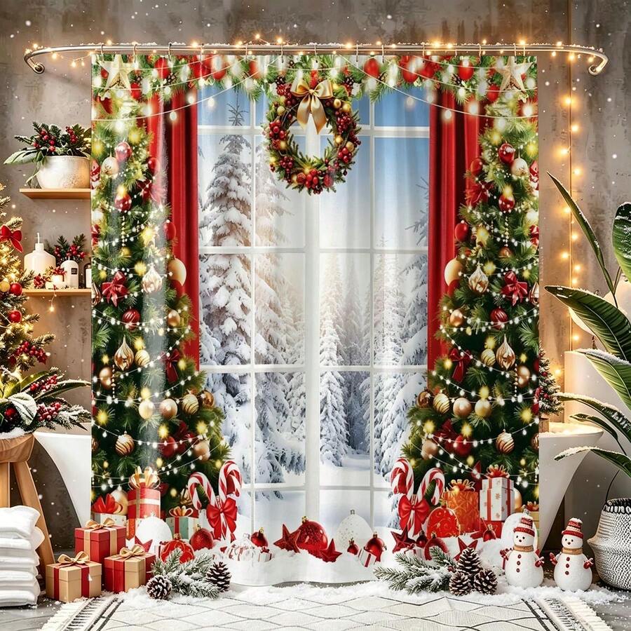 1pc Christmas Window Snow Scene Shower Curtain, Vintage Design, Waterproof Bath Curtain, Suitable For Bathtub Divider, Bathroom Decor And Bathroom Accessories - Multicolor - View 1