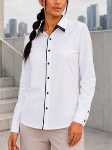 Women's Contrast Trim Button Front Shirt, Long Sleeve Collared Office Blouse With Curved Hem For Business Casual Workwear - White - View 2