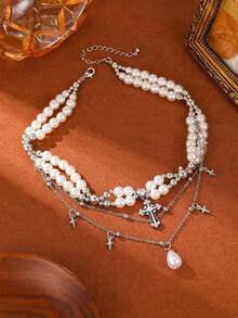 1Pc Silver Multi‑Layered Pearl Necklace Rhinestone Cross Star Charm Multi‑Chain Teardrop Pearl Pendant Y2K Statement Women Fashion Necklace - Multicolor - View 7