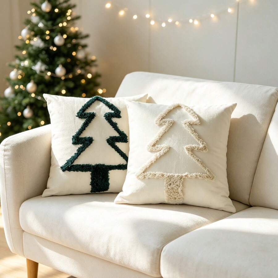 1pc Flocked Embroidered Christmas Tree Pillow Case, Holiday Decor Canvas Embroidery Home Backrest Bedroom Cushion Cover, Pillow Insert Not Included - Beige - View 1