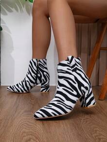 New Autumn/Winter Fashion Versatile Zebra White Faux Deer Skin Chunky Heel Ankle Boots With Side Zipper, Mid-Heel Pointed Toe High Heel Boots For Women - Black and White - View 2