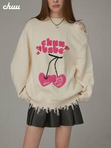 CHUU Cartoon Cherry Embroidered Knit Sweater Women's Autumn New Style Cold Shoulder Distressed Unique Pullover - Apricot - View 5