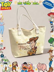 Miniso Disney Toy Story Woody The Sheriff Woody Canvas Tote Bag, Beige Shoulder Bag With Handles For Daily Use - White - View 4