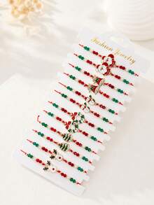 Christmas Beaded Charm Bracelet For Women With Santa Claus, Snowman, Reindeer, Bell, Wreath And Christmas Tree Design, Red And Green Holiday Jewelry - Multicolor - View 12