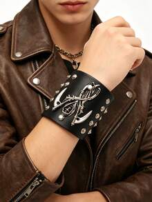 1pc Fashionable Personalized Hip Hop Punk Unisex PU Leather Bracelet, Street Dance Decor Wide Wristband With Double Knife, Hat, Skull Skeleton And Rivet Alloy Chain, Halloween Party Stage Performance Gift - Bracelet - View 3