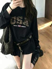Women's New Autumn/Winter Long Sleeve T-Shirt, Design-Focused Camouflage & English Letter Print, Round Neck, Casual Versatile Top - Black - View 3