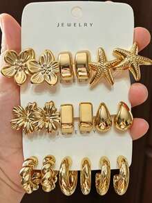 6/18pcs Vintage Gold Flower, Starfish, Water Drop C-Shaped Earrings Set 9 Pairs, Suitable For Luxury Versatile, Gift, Party, Commute Metal Earring Combination. - Gold - View 6