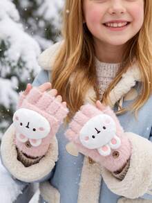 1 Pair 5-15Y Girls Cute 3D Rabbit Flap Half-Finger Plush Gloves, Sweet Accessory, Mid-To-Large Kids, Girls, Autumn/Winter Half-Warm Half-Length Gloves With Exposed Fingers - 1Pair - View 7