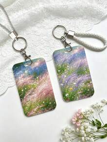 Pink Purple Fairy Grass Flower Card Holder, Aesthetic Floral Landscape ID Badge Holder With Lanyard Keychain, Cute Office School Bus Card Protector Wallet, Decorative Accessory - Rectangular-purple - View 2