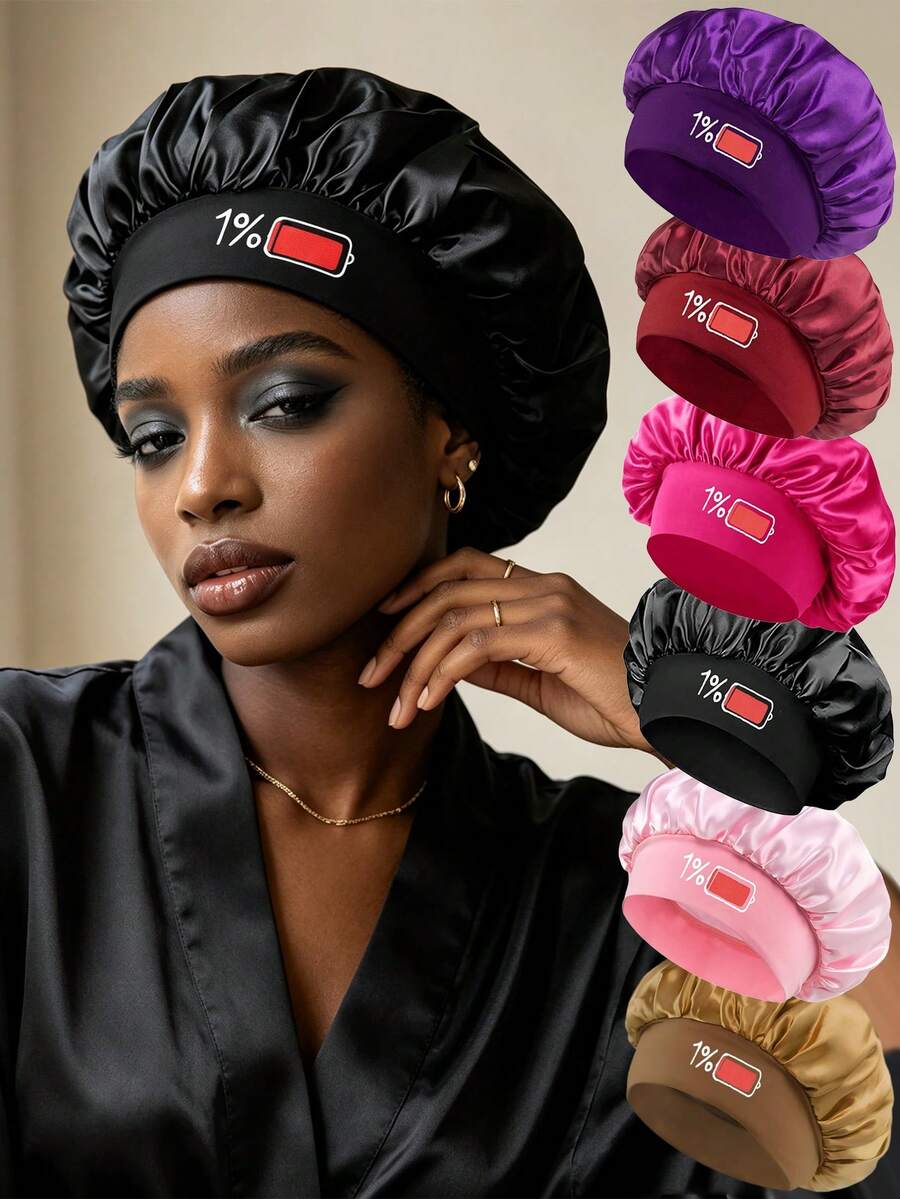 1/2/3pcs Printed Battery Power Pattern Satin Sleep Cap, Loose Elastic Band Hair Bonnet, Suitable For Hair Care, Daily Home Wear And Relaxation - Multicolor - View 1
