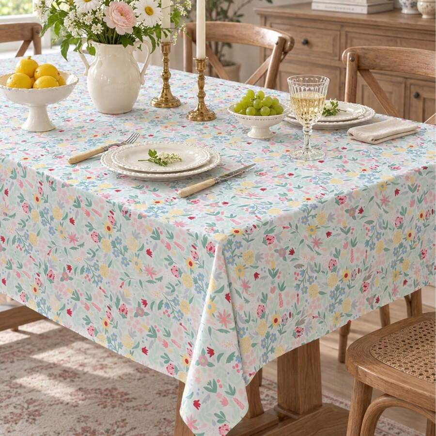 1pc Floral Pattern Colorful Printed Tablecloth, Cute Fresh Tassel Decor Tablecloth, Suitable For Holiday Celebrations, Party Gatherings, Birthday Banquets, Daily Dining Table, Kitchen And Dining Room Decor, All Seasons, Home Decor - Sprout Green - View 1