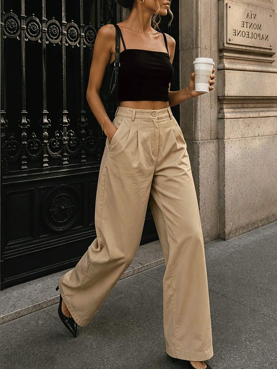 Women's Solid Color Button Pocket Straight Leg Loose Fit Long Pants For Daily Office Campus Vacation Home Commute - Khaki - View 1