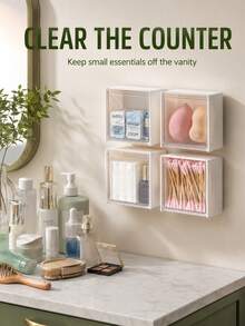 4pcs Set (2 Storage Boxes + 2 Adhesive Pads) Cotton Pad Storage Box, Large Capacity No-Drill Wall-Mounted Flip Cover Storage Box, Plastic Bathroom Shelf, Transparent Flip Cover Wall-Mounted Storage Box, Bathroom Vanity Small Item Storage Box, Cotton Swab Box - Multicolor - View 4