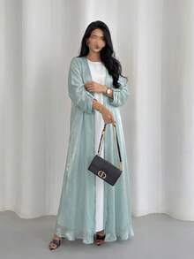 女款保守長版 Abaya 開襟長袍洋裝，亮線裝飾，Ins 風格（不含頭巾） - 薄荷綠 - 查看 1
