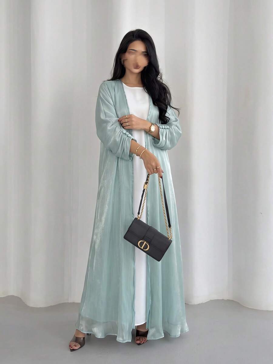 女款保守長版 Abaya 開襟長袍洋裝,亮線裝飾,Ins 風格(不含頭巾) - 薄荷綠 - 查看 1