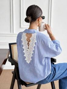 Casual Fashion Backless Lace Patchwork Loose Long Sleeve Blouse, Women's Top Autumn/Winter New Style, Versatile For Daily Wear - Blue - View 5